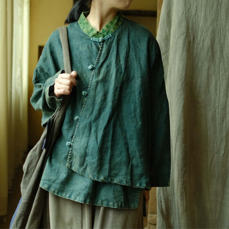 Retro Green Linen Blouse with Long Sleeves for Women
