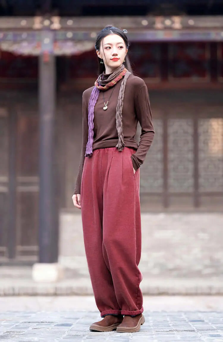 Spring Casual Linen Lantern Plus Fleece Pants for Women Thebesttailor