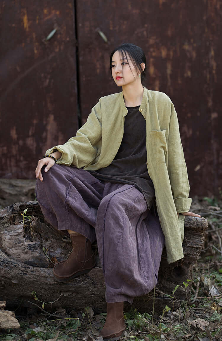 Spring Linen Shirts for Women with Vintage 100% Linen Long Sleeves and Stand Collar