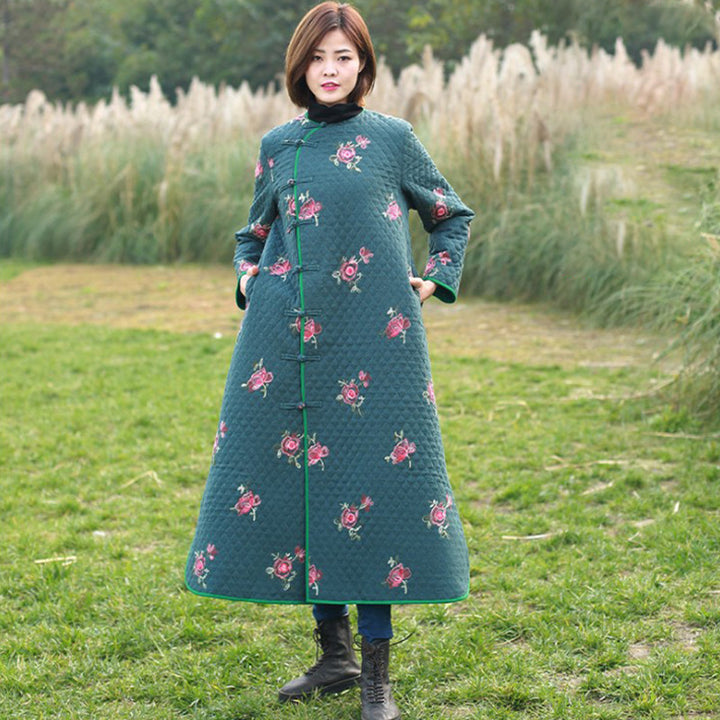 Women floral embroidery coat linen ladies winter filler dress