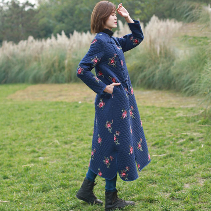 Women floral embroidery coat linen ladies winter filler dress