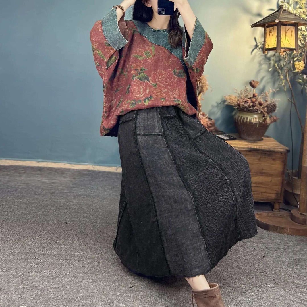 Loose-fit Black Linen A-Line Skirt with Elastic Waist