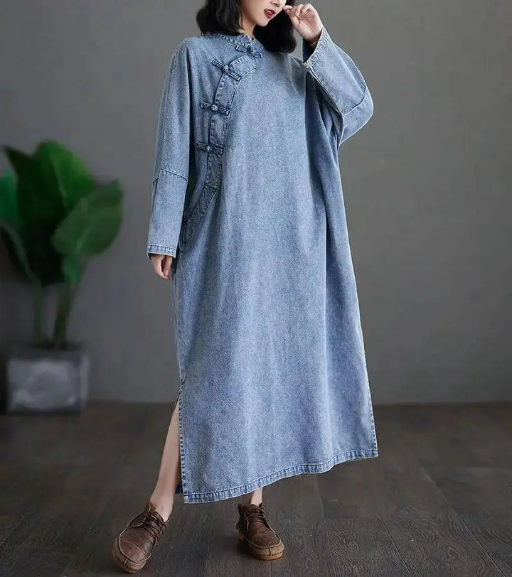 Blue Denim Ruffle Dress with Stand Collar - Retro Style