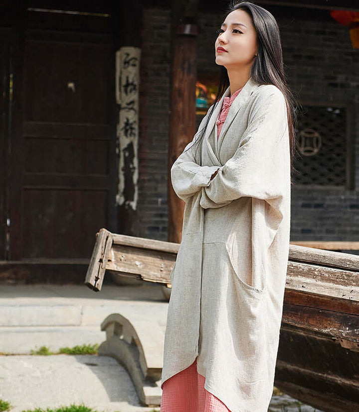 Women's Vintage Washed Linen Coat - Stylish Cotton and Linen Gown for Spring and Autumn