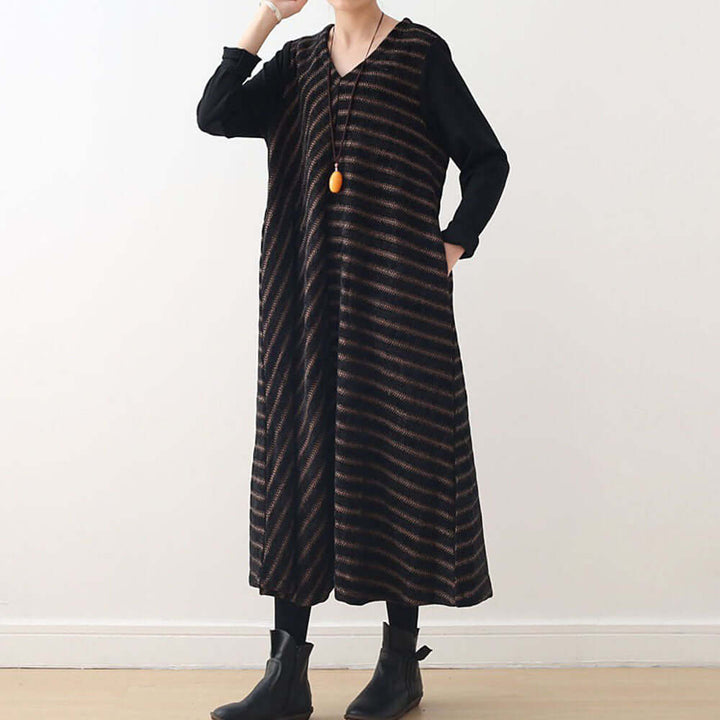 Elegant Spring Wool V-Neck Dress with Chic Stripes for Women