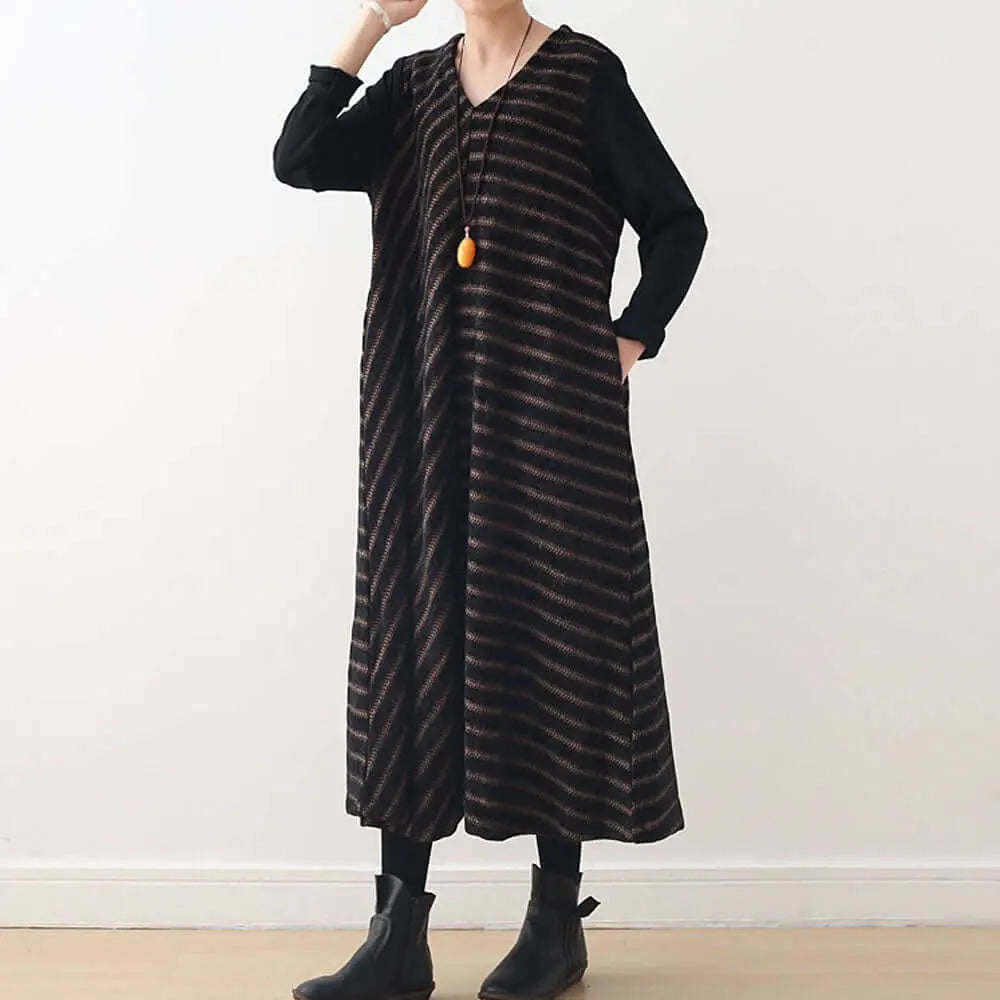 Elegant Spring Wool V-Neck Dress with Chic Stripes for Women Thebesttailor