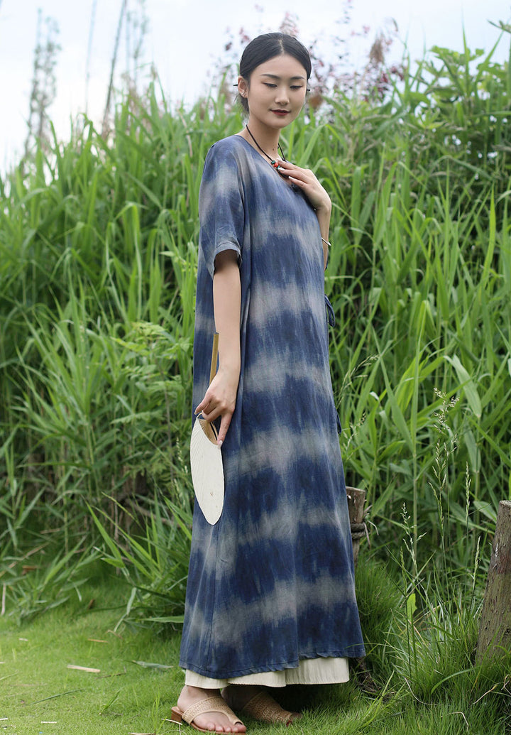 Bohemian Blue Striped Silk Tie-Dye Half-Sleeved Dress-Women's dress-Thebesttailor-Thebesttailor