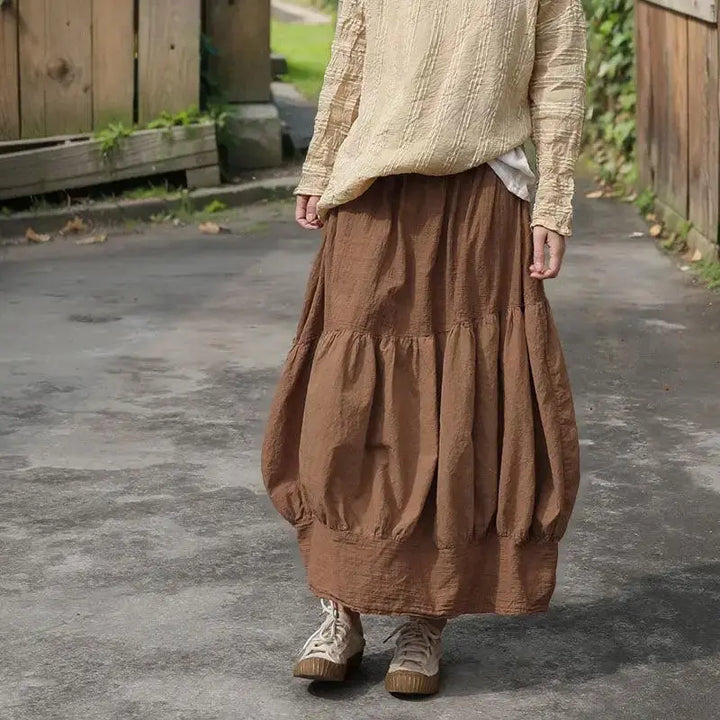 Vintage Caramel Linen Lantern Skirt with Artistic Flair Thebesttailor