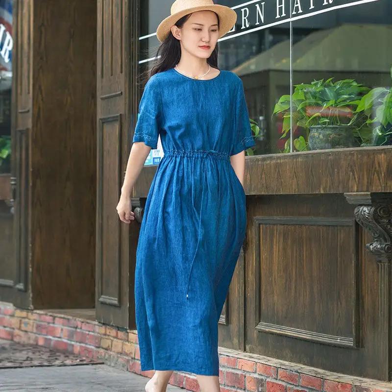 Blue Linen Wrap Dress with Three-Quarter Sleeves