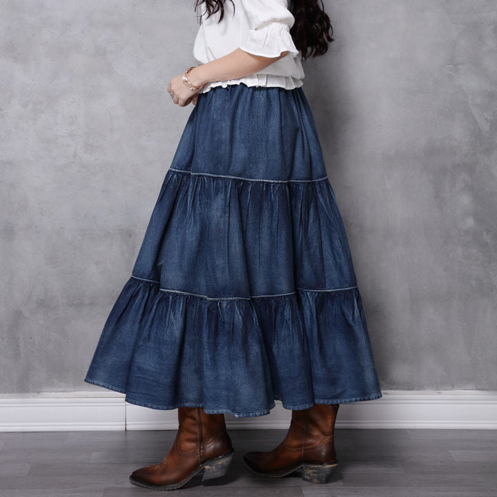 Blue denim skirt Formal Maxi Skirt High Waisted Skirt-Women's Skirts-Thebesttailor-Thebesttailor