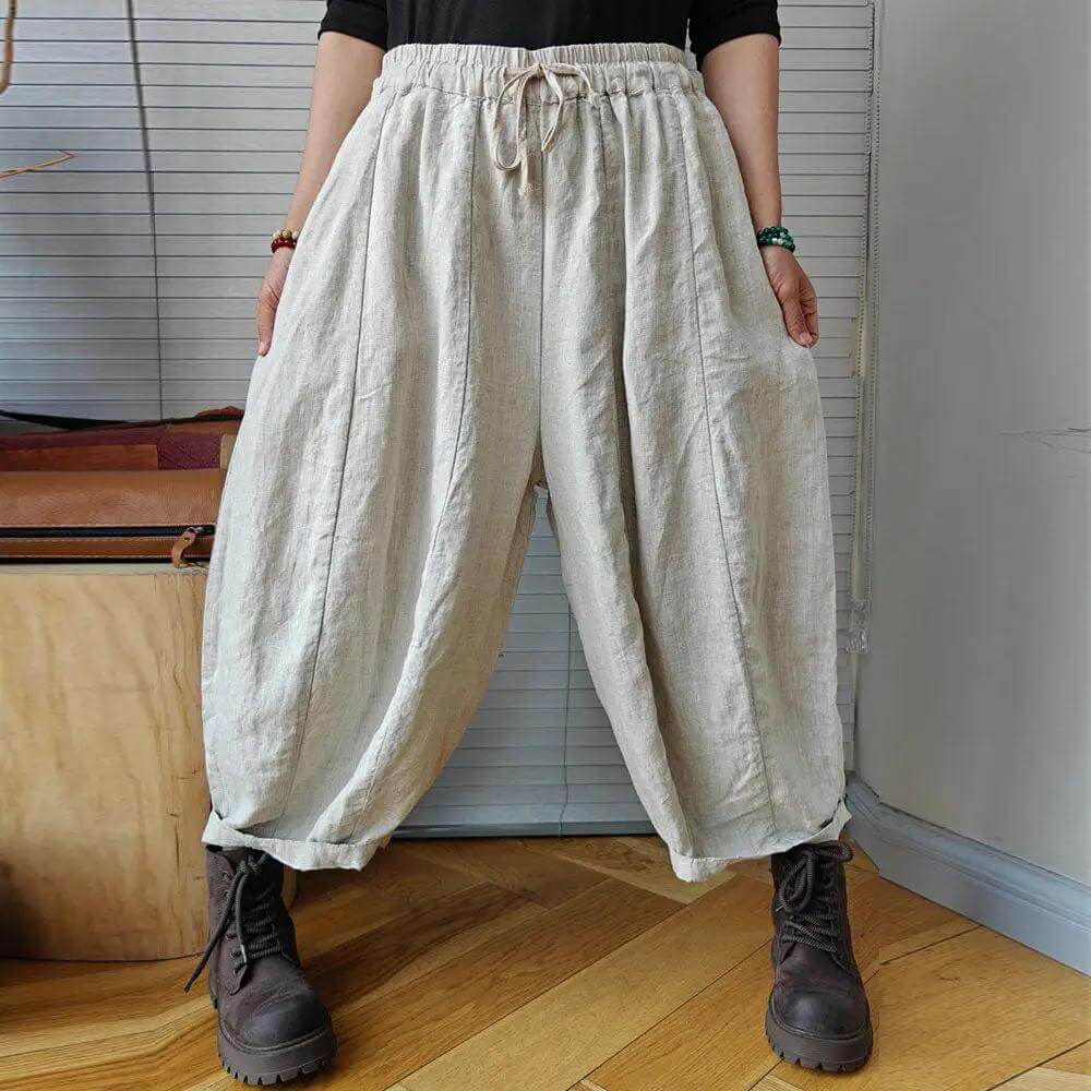 Spring Vintage Linen Elastic Waist Pumpkin Pants for Women