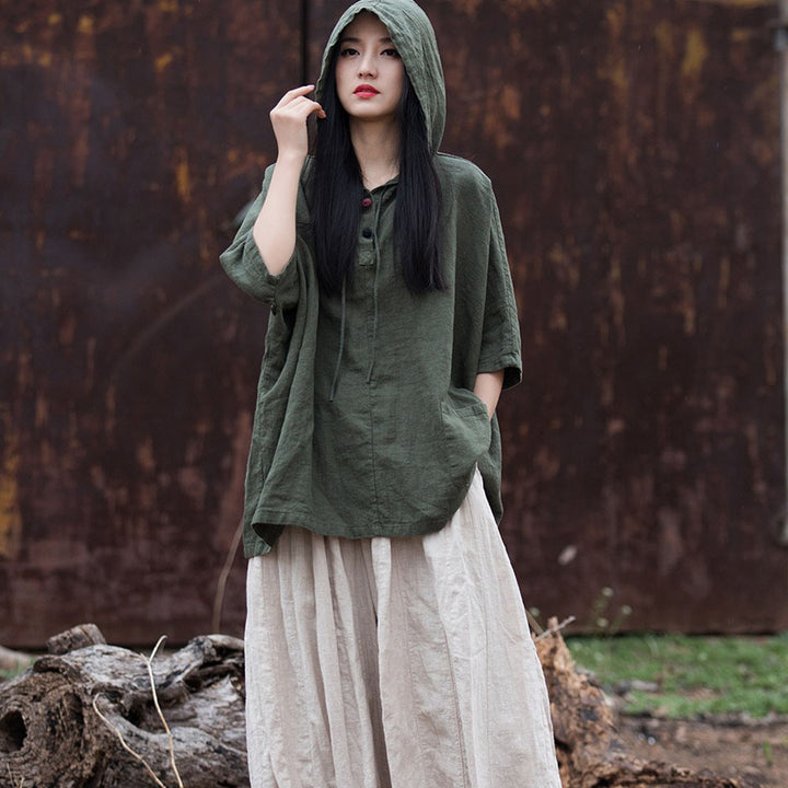 Hooded Vintage Green Linen and Ramie Sun Shirt for Women