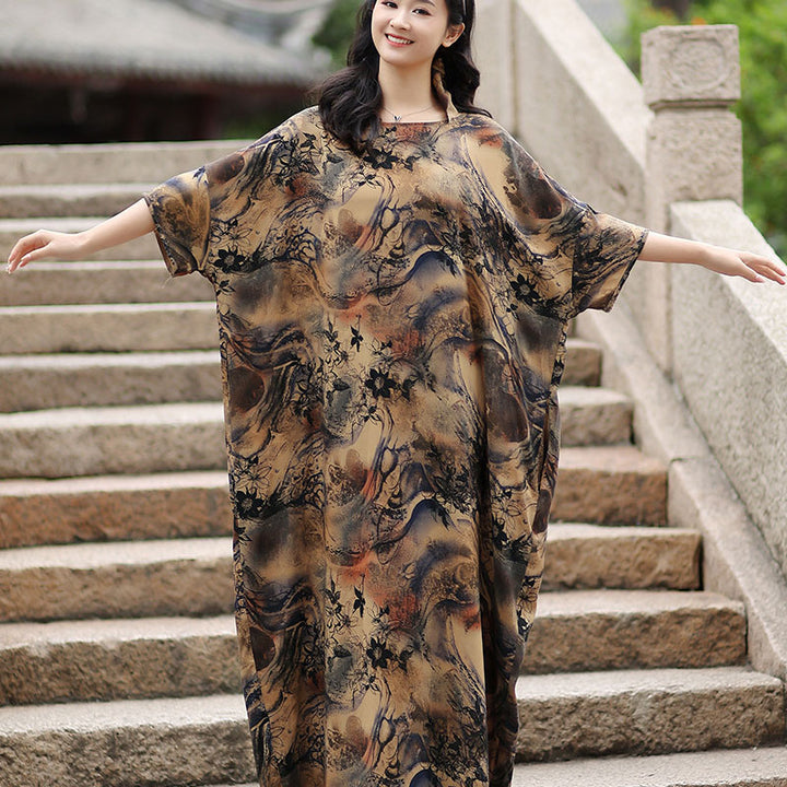 Retro Floral Cotton Half-Sleeved Maxi Dress for Women