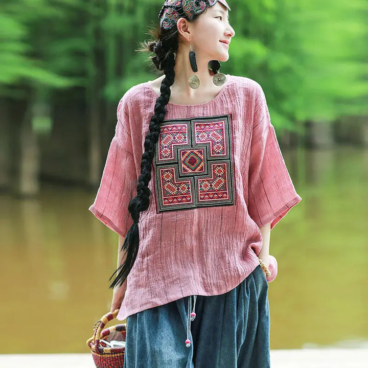 Pink Women's Tops Linen Embroidered Blouse with Totem Pattern Thebesttailor