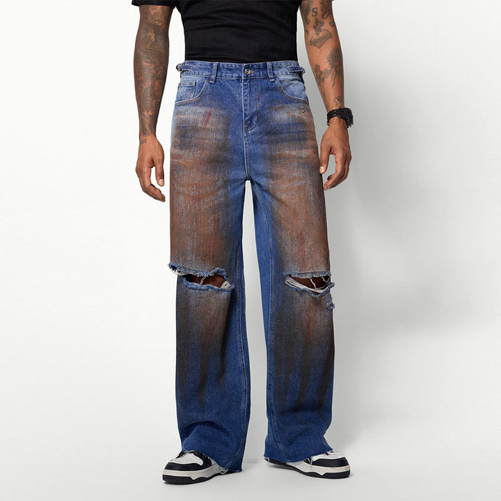 Men's blue wide-leg ripped jeans