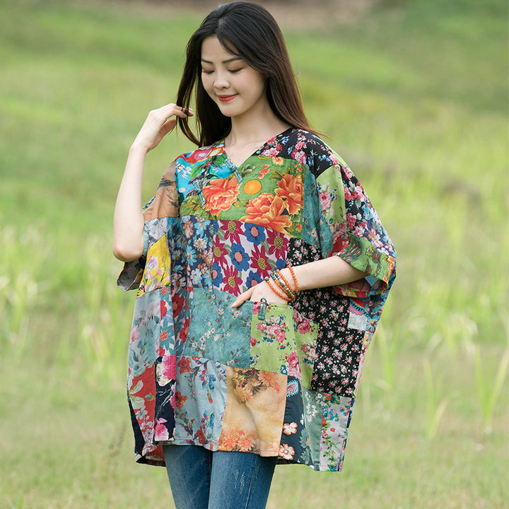 Retro Floral Loose Linen Spring Blouse for Women