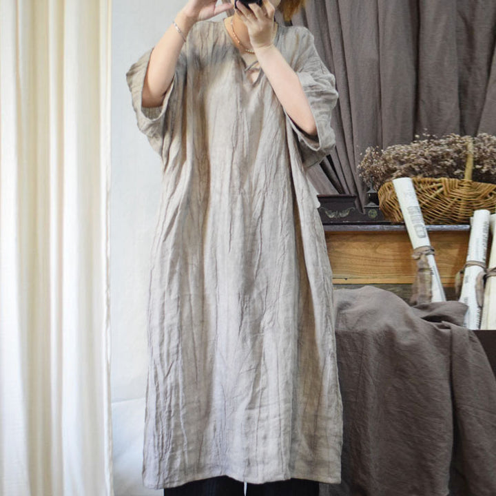 Retro V-Neck Half-Sleeve Linen Tunic Dress Robe