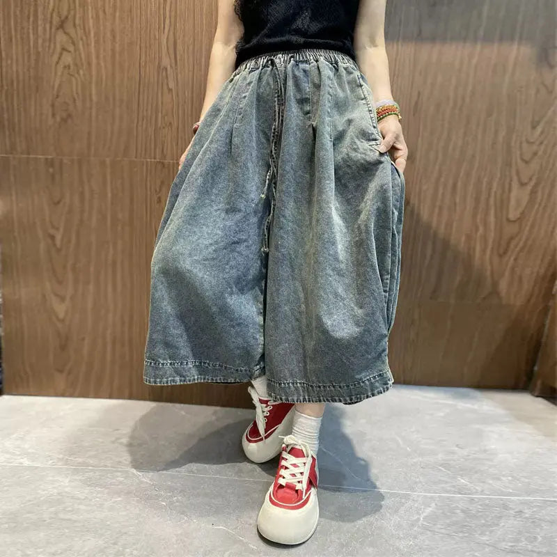 blue jeans women wide leg denim pantswide Elastic Waist Trousers Thebesttailor