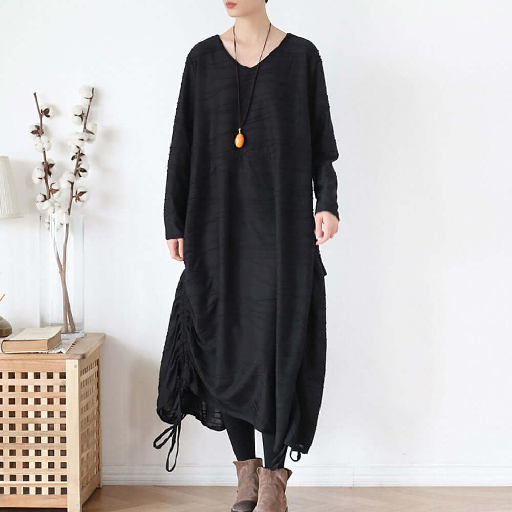 Elegant Black Cotton Dress with Asymmetrical Hem for Women