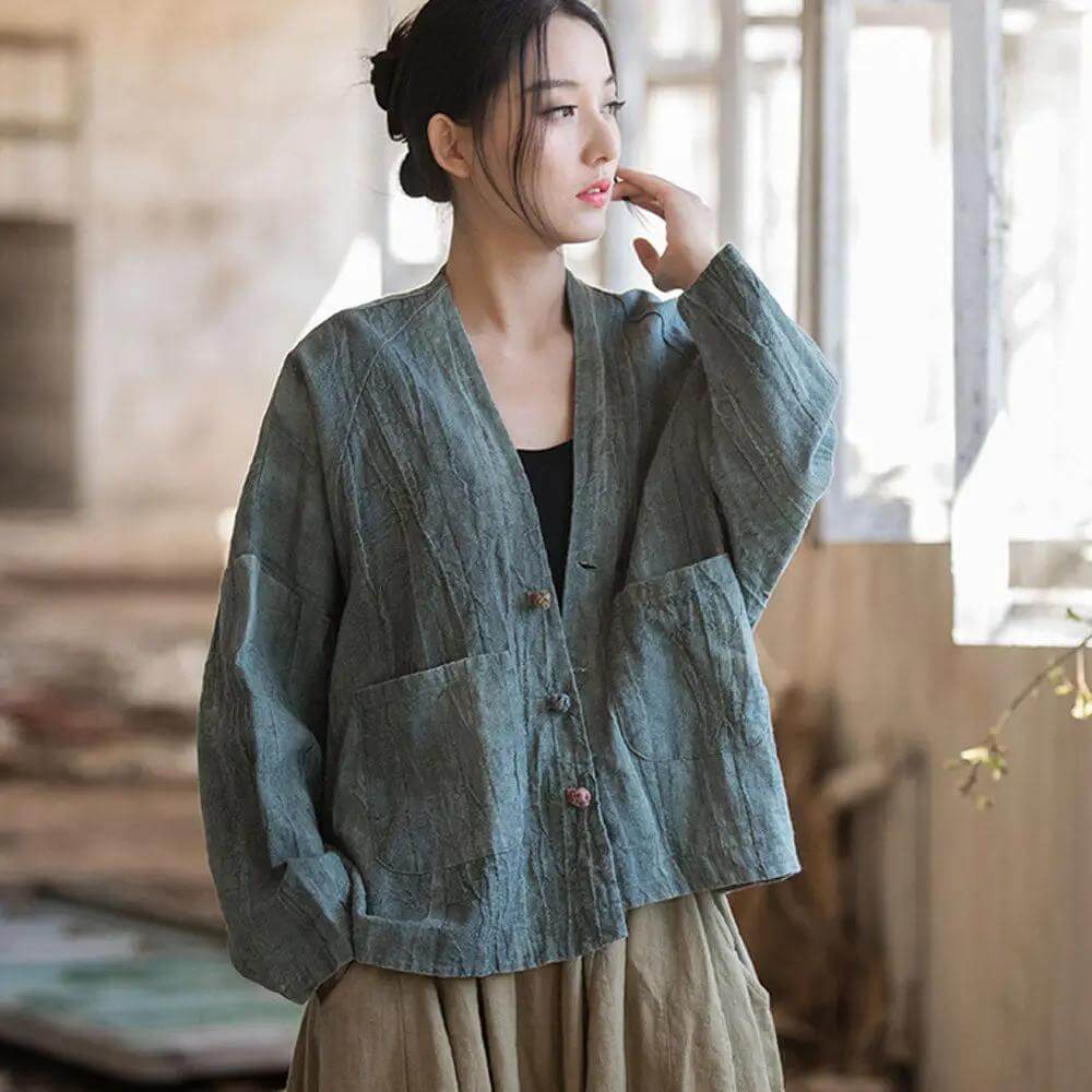 Spring Linen Jacket and Crop Top Set for Women