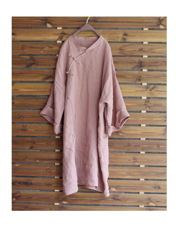 Retro Linen Tunic Dress Robe with Long Sleeves