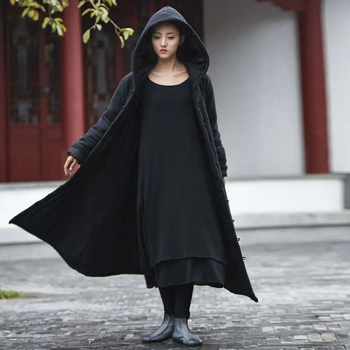 Hooded Black Winter Cotton Witch Robe Woman's Cape Coat Thebesttailor