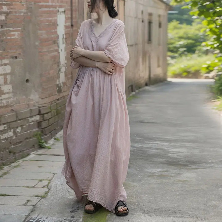 Light Pink Linen Vacation Dress with Pockets for Women Thebesttailor