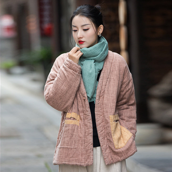 Chic Women's linen Padded Coat for Winter in Retro Style