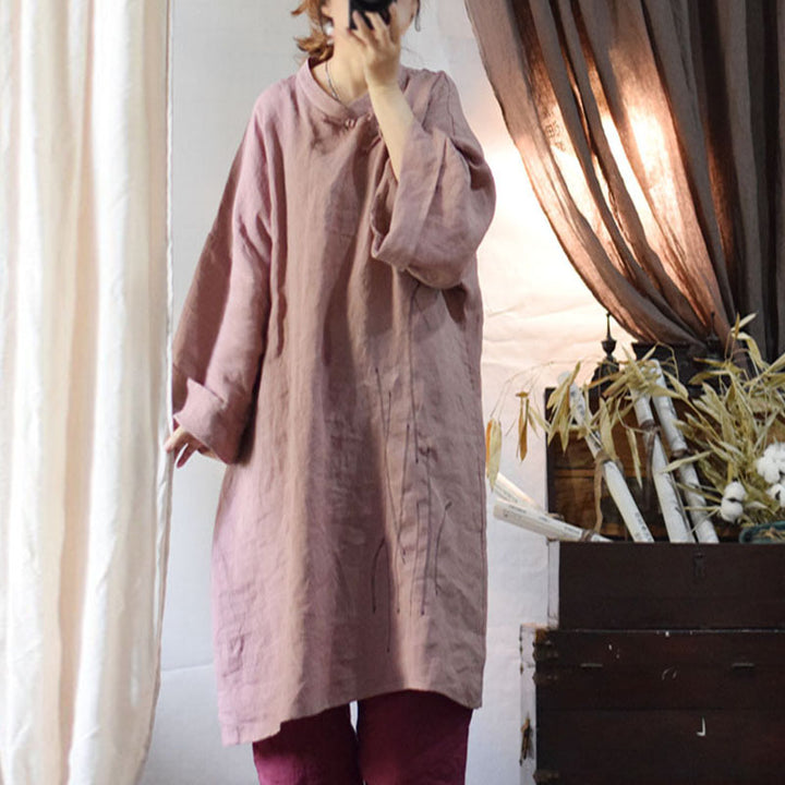 Retro Linen Tunic Dress Robe with Long Sleeves