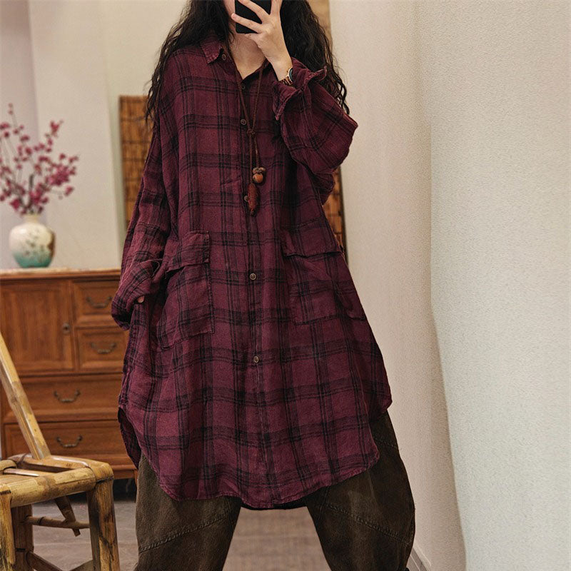 Stylish womens cotton plaid long sleeve shirt in red, perfect for casual wear and cozy comfort. Ideal for all sizes.