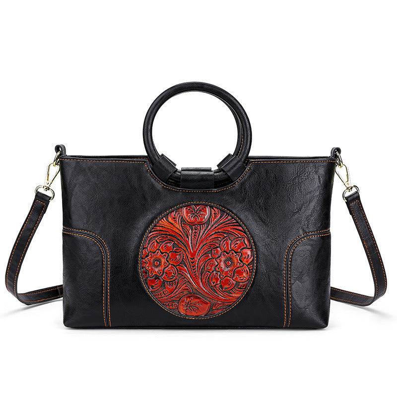 PU floral pattern women's shoulder bag-Women's Necklace-Thebesttailor-31x12x20CM-Black-PU-Thebesttailor