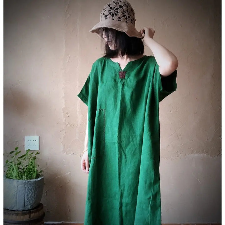 Casual Vintage Green Linen Summer Dress with V-Neck Collar