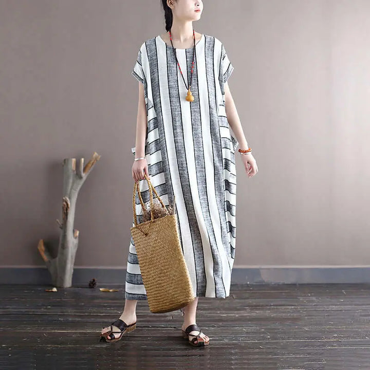 Retro Striped Linen Summer Dress with Pockets Thebesttailor