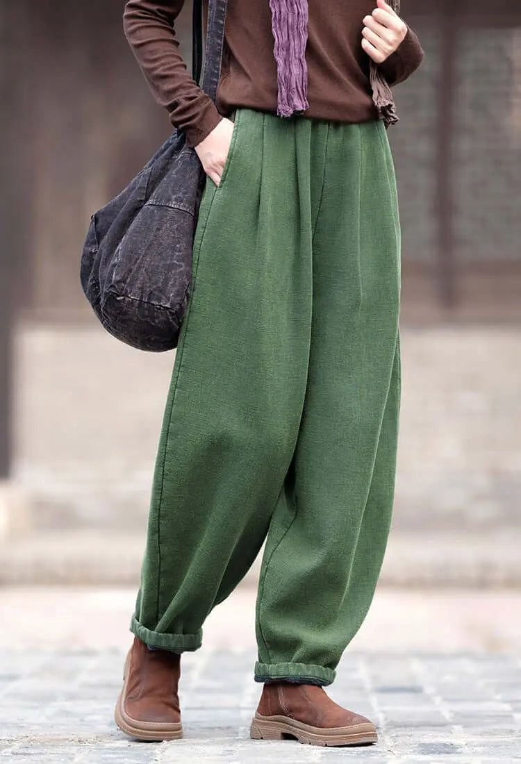 Spring Casual Linen Lantern Plus Fleece Pants for Women Thebesttailor