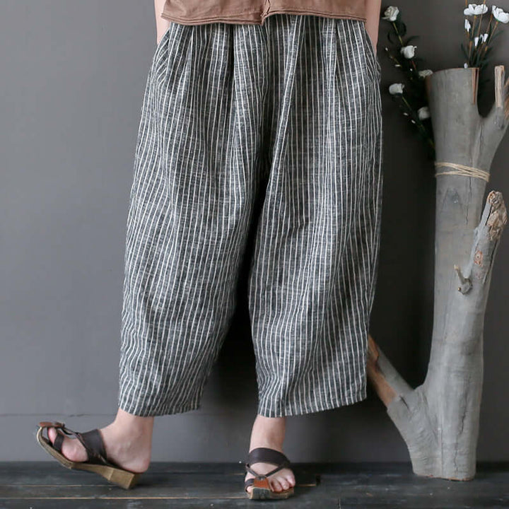 Striped Linen Women's Summer Carrot Pants with Elastic Waist