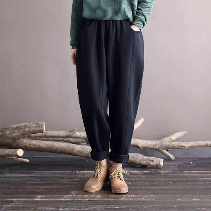 tapered pants women - autumn and winter cotton black trousers - elastic waist casual trousers