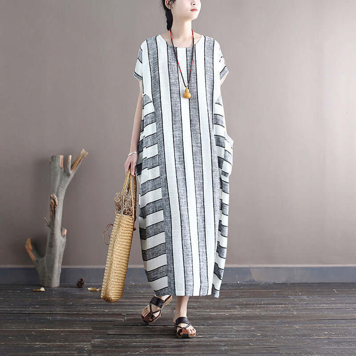 Retro Striped Linen Summer Dress with Pockets