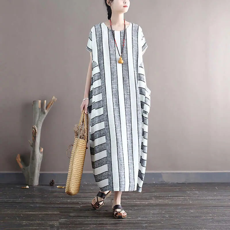 Retro Striped Linen Summer Dress with Pockets Thebesttailor