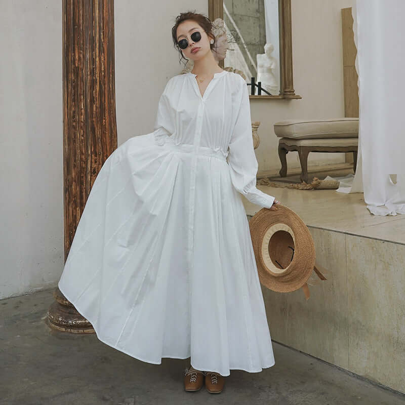 Elegant White Linen Party Dress with Deep V Neck and Button Front