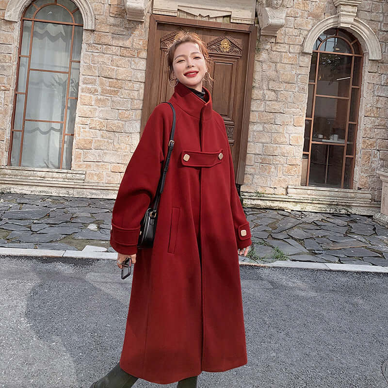 wool coat women | Vintage red wool coat | Stand collar coat