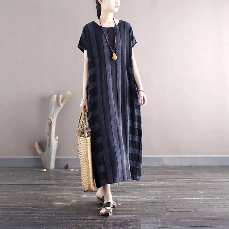 Retro Striped Linen Summer Dress with Pockets Thebesttailor