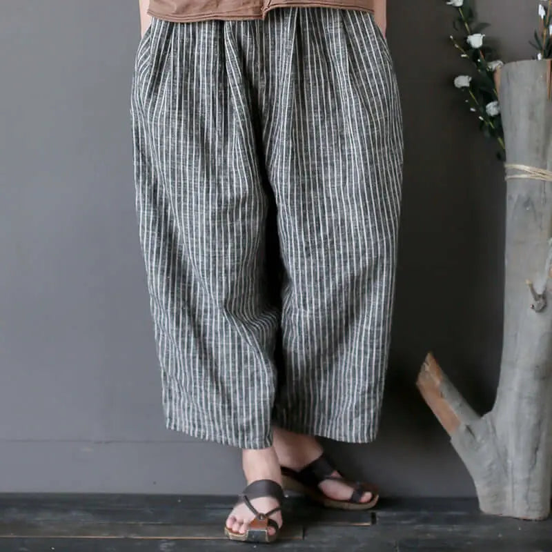Striped Linen Women's Summer Carrot Pants with Elastic Waist