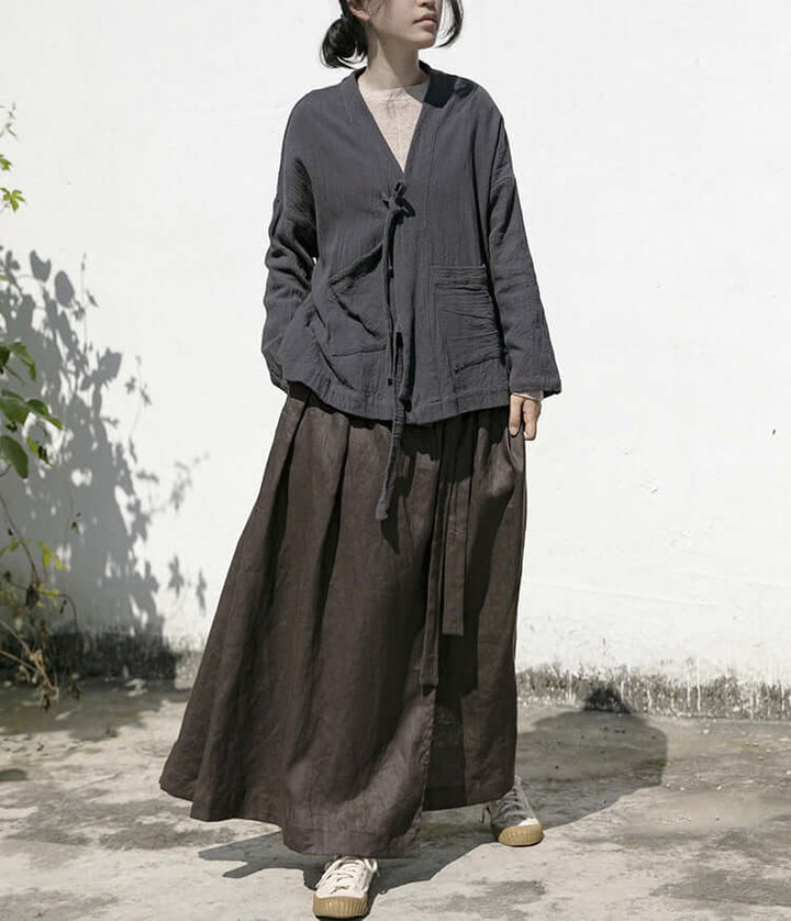 Linen A-line Maxi Skirt with Strappy Design and Pockets