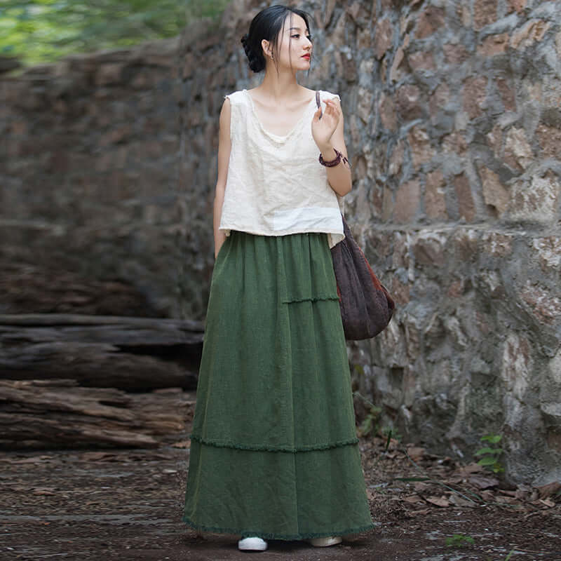 Versatile Green Casual Skirt - Retro Travel Women's Skirt, Beach Skirt