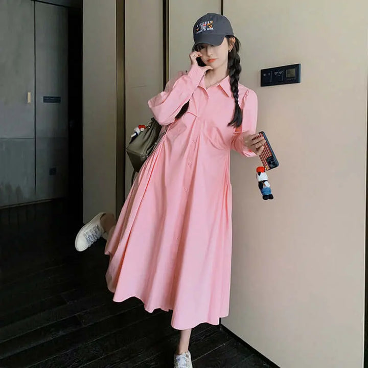 Classic Spring Pink Cotton Shirt Dress with Lapel Collar - Versatile Style Thebesttailor