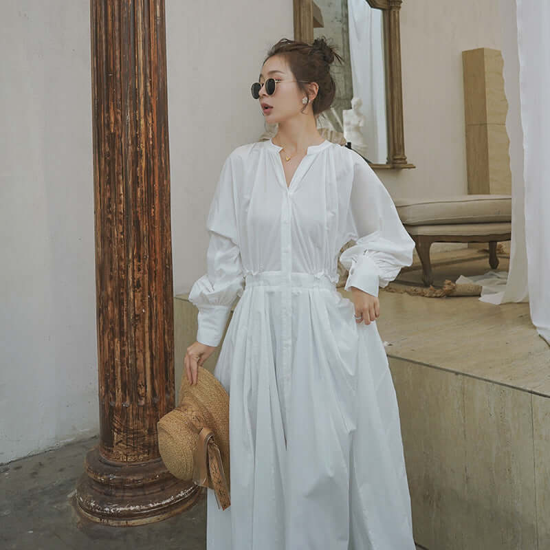 Elegant White Linen Party Dress with Deep V Neck and Button Front