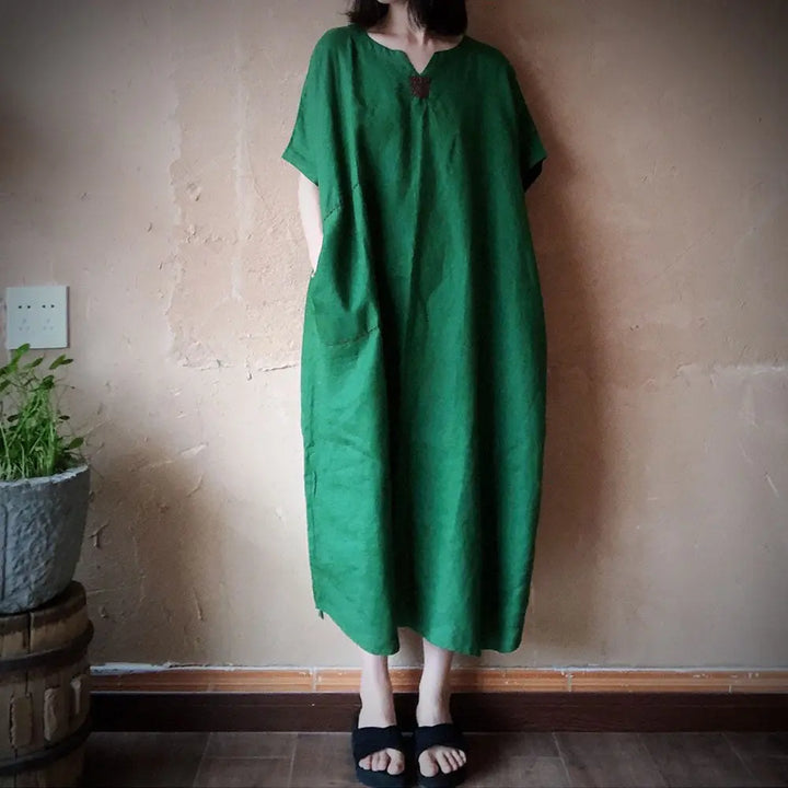 Casual Vintage Green Linen Summer Dress with V-Neck Collar