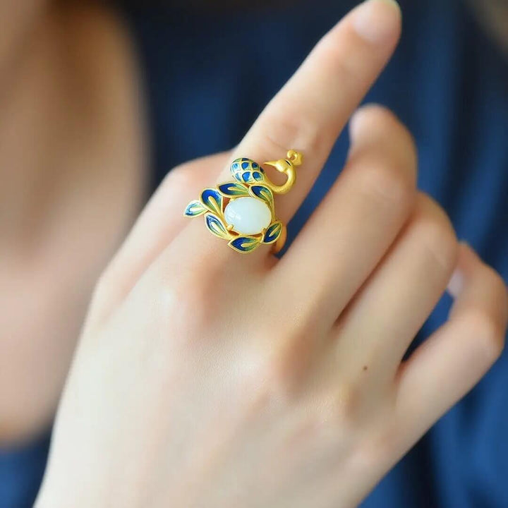 Elegant Peacock Palace Hetian Jade Gold-Plated Silver Ring