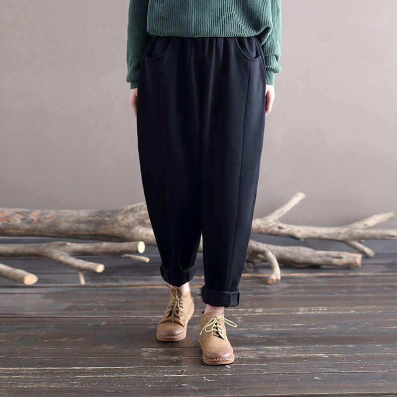 tapered pants women - autumn and winter cotton black trousers - elastic waist casual trousers