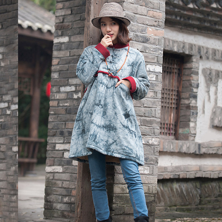 Ethnic Print Cotton Winter Coat - Casual Warm Outerwear-Women's coat-Thebesttailor-One size-Blue-Cotton-Thebesttailor